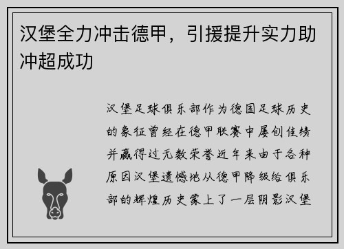 汉堡全力冲击德甲，引援提升实力助冲超成功